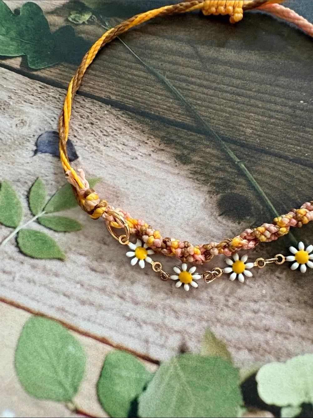 Handcrafted Adjustable Beach Boho Wax String Bracelet with Daisy & Cross Charms